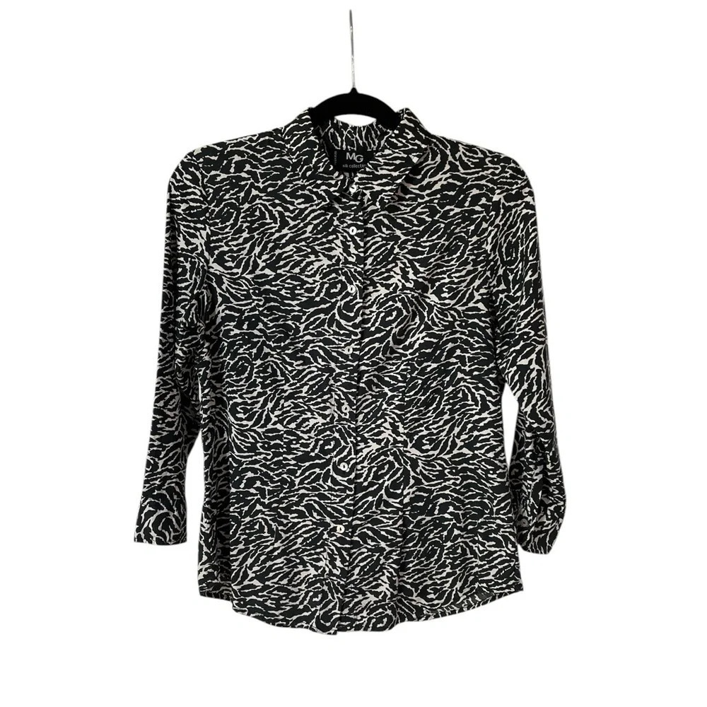 MG Silk Shirt Button Down Size M Casual Animal Print Blouse Black Collar Office